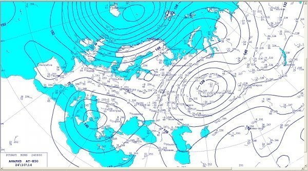 Карта баричної топографії АТ 850 (на висоті 1500 метрів)
