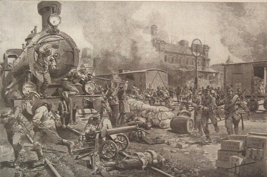 Штурм луцького вокзалу. Малюнок Тушинського з книги «Луцьк у старовинній листівці, гравюрі та фотографії» Віктора Літевчука