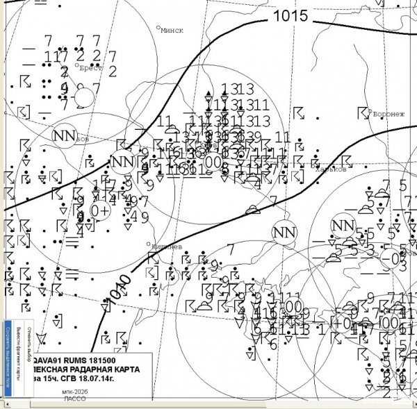 Збірна карта МРЛ (метеорологічна радіолокація) за вісімнадцяте липня.