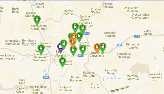 Зарядні точки у Луцьку та околицях станом на початок листопада 2019 року
