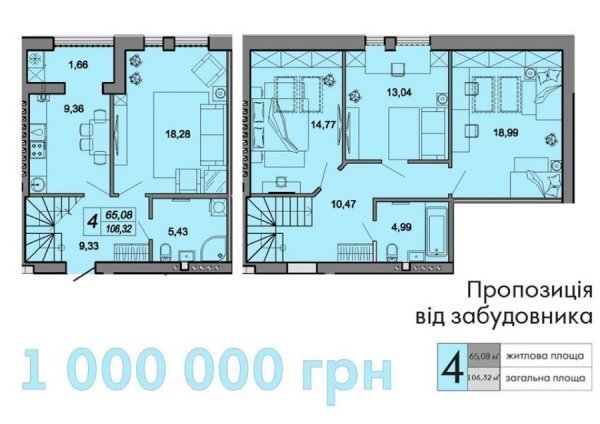 Планування і ціна однієї з квартир у житловому комплексі Юпітер (село Липини під Луцьком)