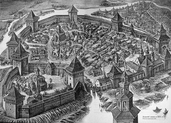 Луцькі замки у XVI столітті. Реконструкція Дишка з книги Луцький замок в історії України