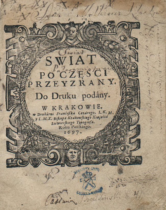 Титульна сторінка книги Д. Братковського «Світ по частинах розглянутий». Бібліотека Яґеллонського університету