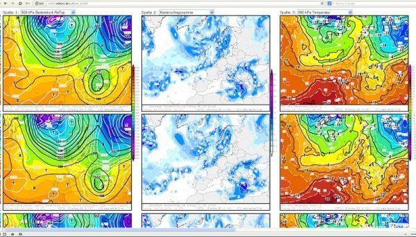 Прогностична схема GFS (Німеччина). Зліва на право: тиск на висоті 5 кілометрів, опади та температура біля землі.