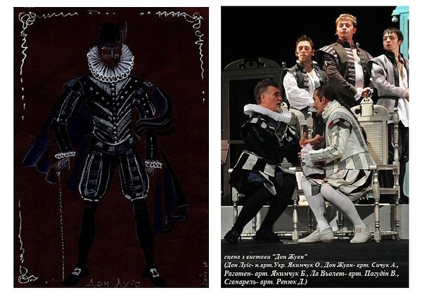 Ескізи костюмів та фото з вистави «Дон Жуан» (Режисер-постановник – заслужений діяч мистецтв України - Петро Ластівка, сценограф - Сергій Ридванецький, художник з костюмів - Наталка Ридванецька)