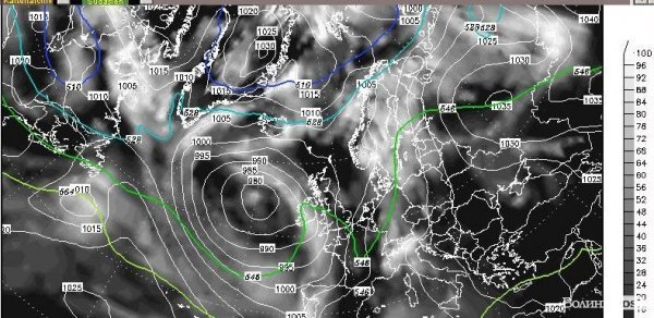 Відображення хмарності та осередків тепла і холоду. Територія Європейського материка