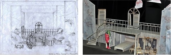 Ескіз сценографії, макет та фото з вистави «Циліндр» (режисер-постановник - народний артист України Анатолій Романюк, художник-постановник - Богдана Бочкай)     