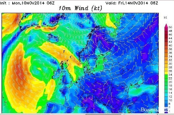 Прогноз вітру біля земли за схемою GFS. Синій - спокійний вітер. Перехід в зелений - посилення. Червоний має швидкість до 50 кілометрів на годину