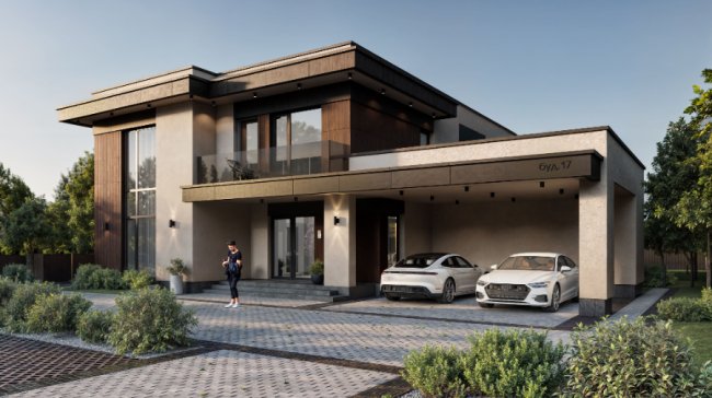 Візуалізація хай-тек будинку біля лісу від будівельної компанії «Сімейна Фортеця»