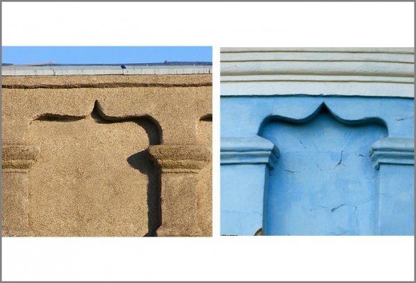 Схожі елементи декору синагоги (зліва) і братської церкви (справа) розташовані на будівлях одного і того ж часу