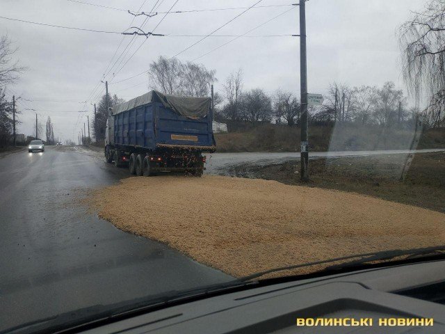 У Луцьку водій вантажівки посеред дороги згубив майже 20 тонн жому і втік. ФОТО