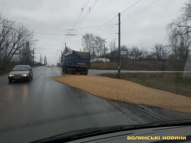 У Луцьку водій вантажівки посеред дороги згубив майже 20 тонн жому і втік. ФОТО