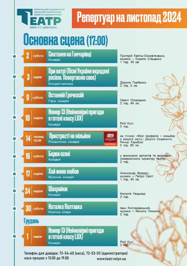  30 неповторних вечорів: що покажуть на сцені Волинського драмтеатру у листопаді
