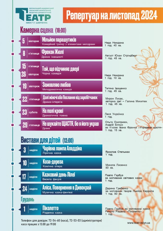  30 неповторних вечорів: що покажуть на сцені Волинського драмтеатру у листопаді