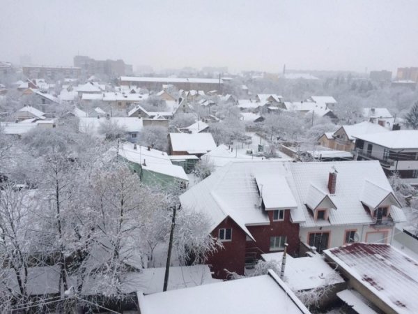 Білі дахи будинків на світлині Сергія Рудюка