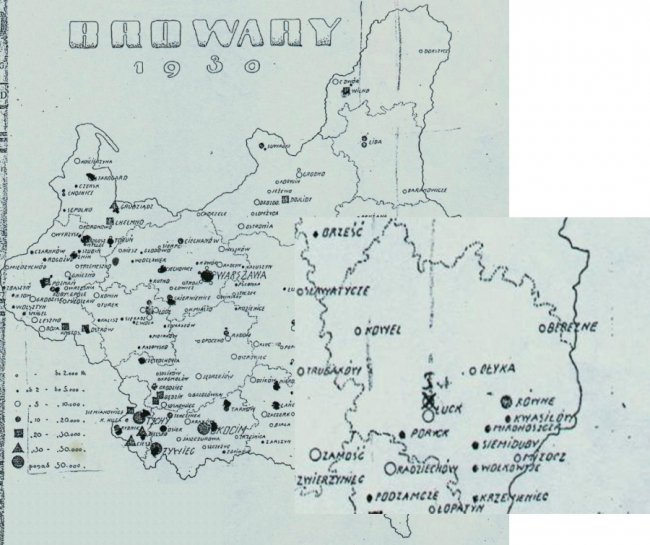 Мапа польських броварень, 1930 р. Виділено Волинське воєводство.