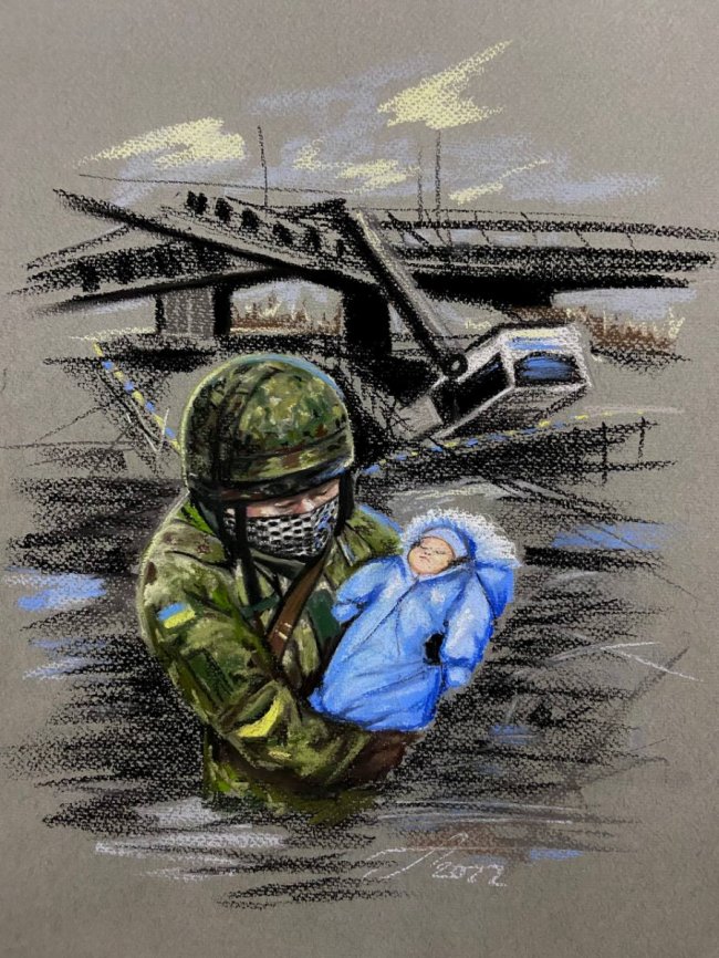 Військовий несе дитину біля зруйнованого мосту в Ірпені