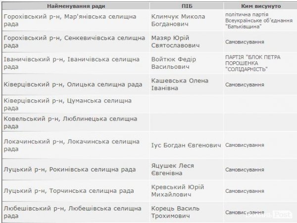 Офіційні результати виборів мерів міст районного значення та голів селищних рад на Волині 