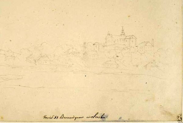 Костел бернардинів над містом на незавершеному малюнку Наполеона Орди. Зображення з Краківського національного музею