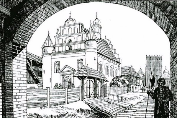 Вигляд на кафедральний костел святої Трійці у XVI столітті з-під Воротньої вежі Окольного замку. Справа унизу зображене типове мощення того часу. Реконструкція архітектора Ростислава Метельницького. Зображення з книги «Римо-католицькі святині Луцька»