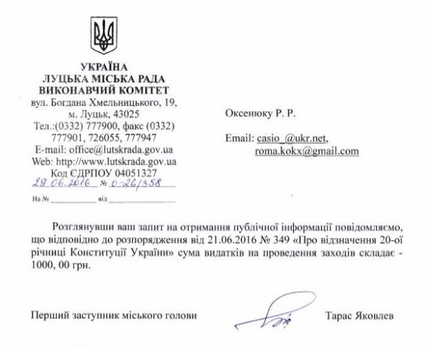 Стало відомо, скільки витратили на святкування Дня Конституції у Луцьку. ДОКУМЕНТ