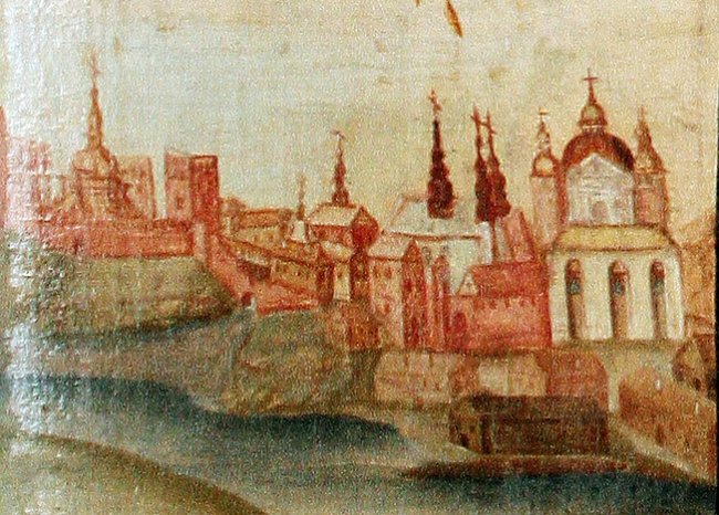 Вежа собору Івана Богослова (біля лівого краю) у замку в панорамі Луцька середини XVIII століття. Ікона зберігається у Музеї волинської ікони