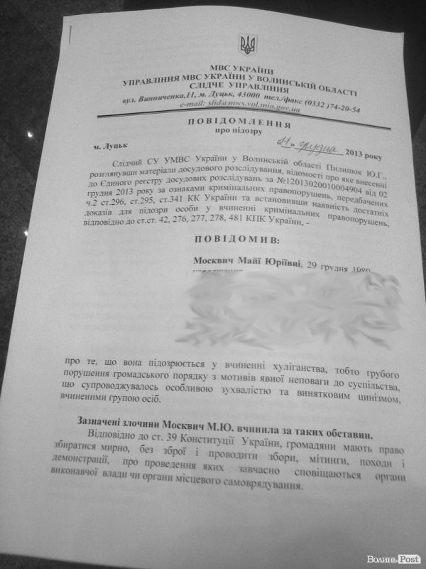 Подробиці кримінальної справи проти активістки Євромайдану. ДОКУМЕНТ
