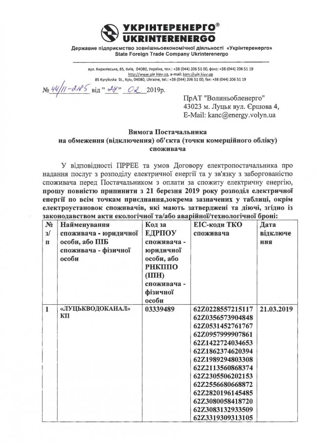 На усіх об'єктах «Луцькводоканалу» можуть відключити світло