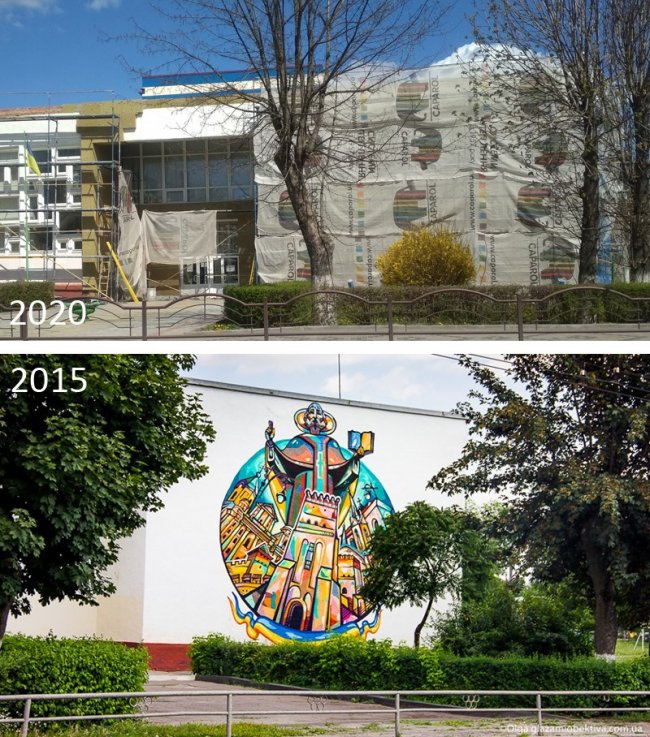 Утеплюють будівлю: у Луцьку «зашили» унікальний мурал зі Святим Миколаєм та замком 