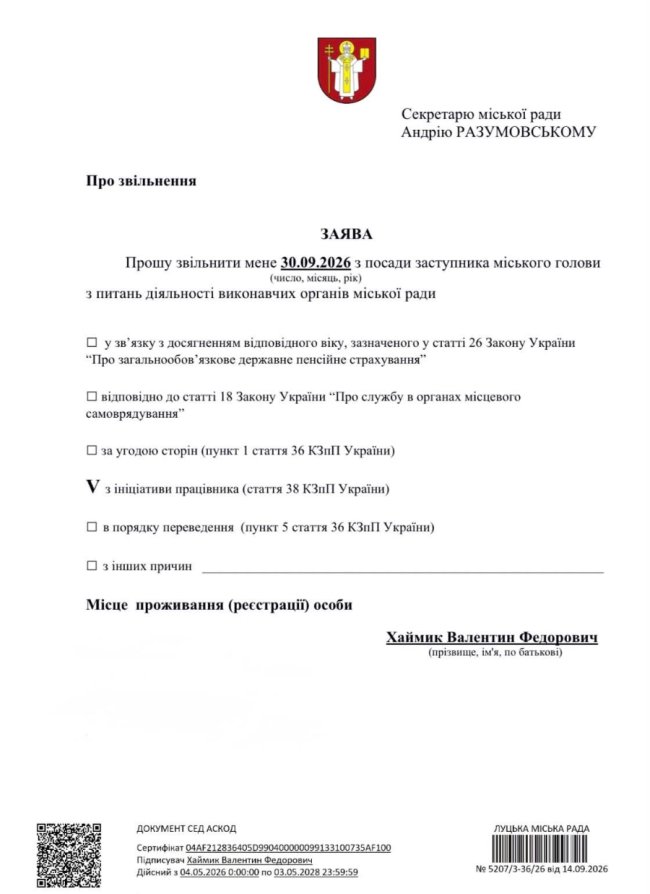 Заступник Луцького міського голови Валентин Хаймик написав заяву на звільнення