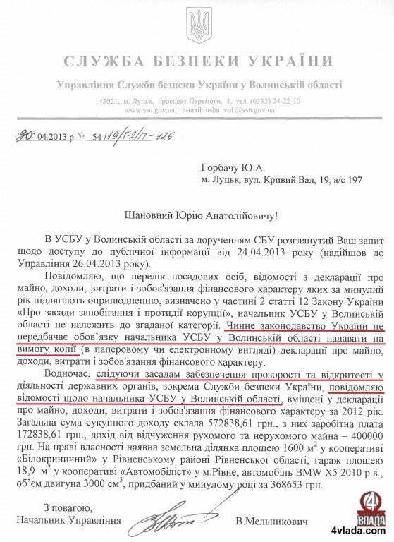 У 2012 році начальник СБУ на Волині заробив півмільйона гривень