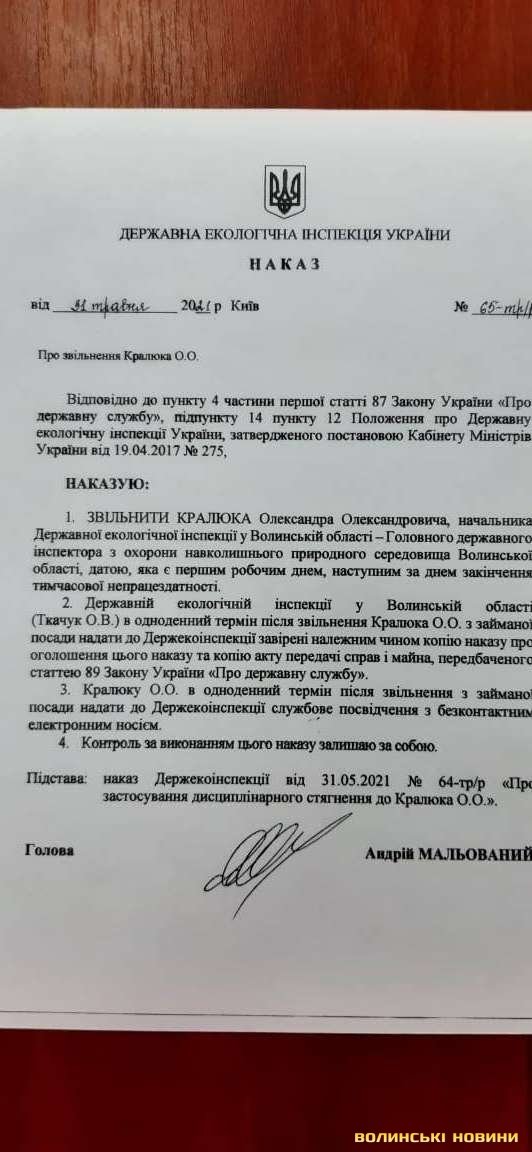 Звільняють керівника Держекоінспекції на Волині