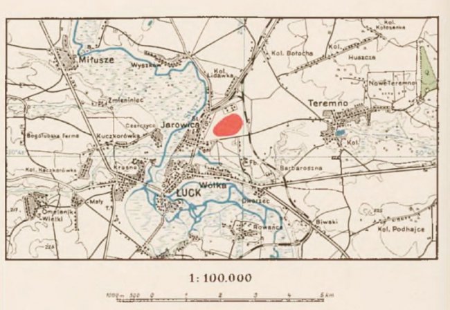 Мапа Луцька та околиць із позначеним червоним кольором аеродром, 1933 р.