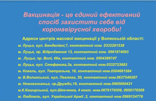 На Волині діє дев'ять центрів вакцинації: адреси і телефони