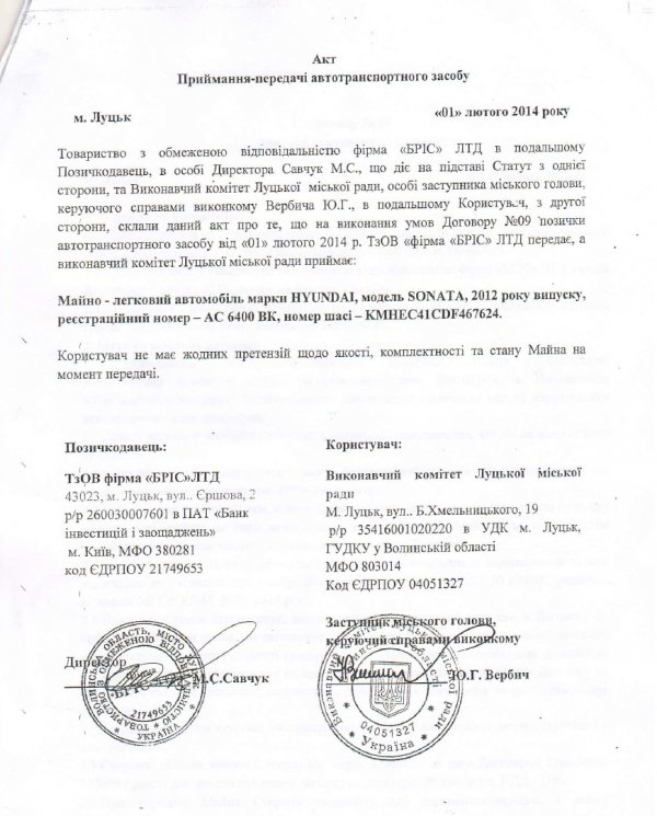 Виконком Луцькради для Романюка  позичив автомобіль вартістю 300 тисяч. ДОКУМЕНТ