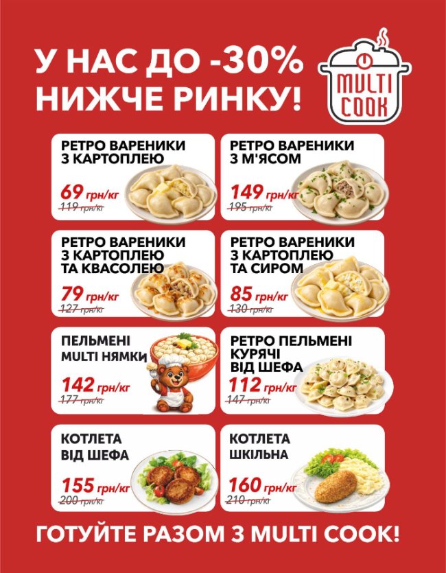 Вареники від 69 грн/кг: MULTI COOK пропонує лучанам улюблені страви за цінами до 30% нижчими за ринкові!