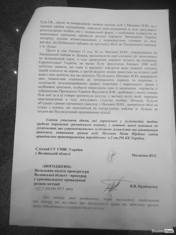 Подробиці кримінальної справи проти активістки Євромайдану. ДОКУМЕНТ