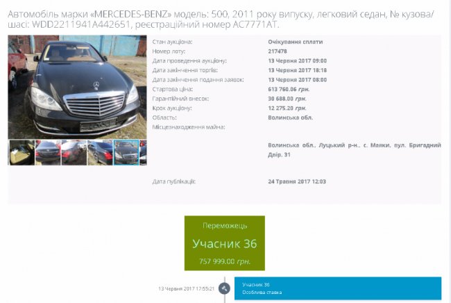 Автомобіль директора «Волиньприродресурсу» Василя Столяра продали на аукціоні