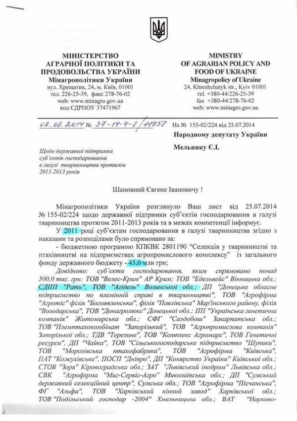 Волинський нардеп «взявся» за дотації аграріям. ДОКУМЕНТ