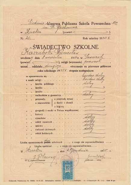 Атестат про закінчення загальної школи №2 імені Станіслава Яховича, 1936 р.