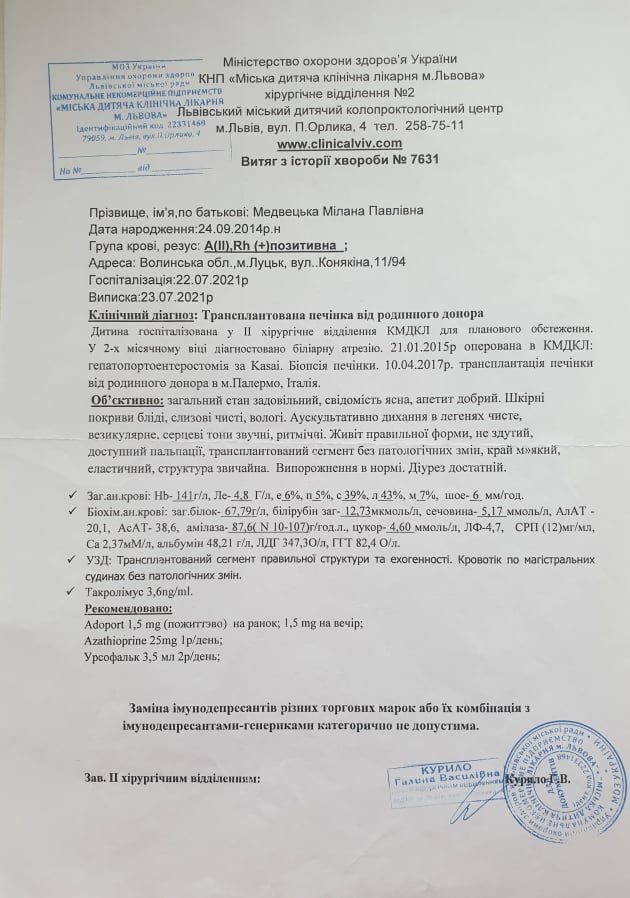 Маленька лучанка, якій пересадили печінку, потребує допомоги. ФОТО