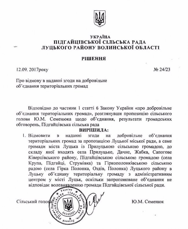Підгайці проти об’єднання з Луцьком