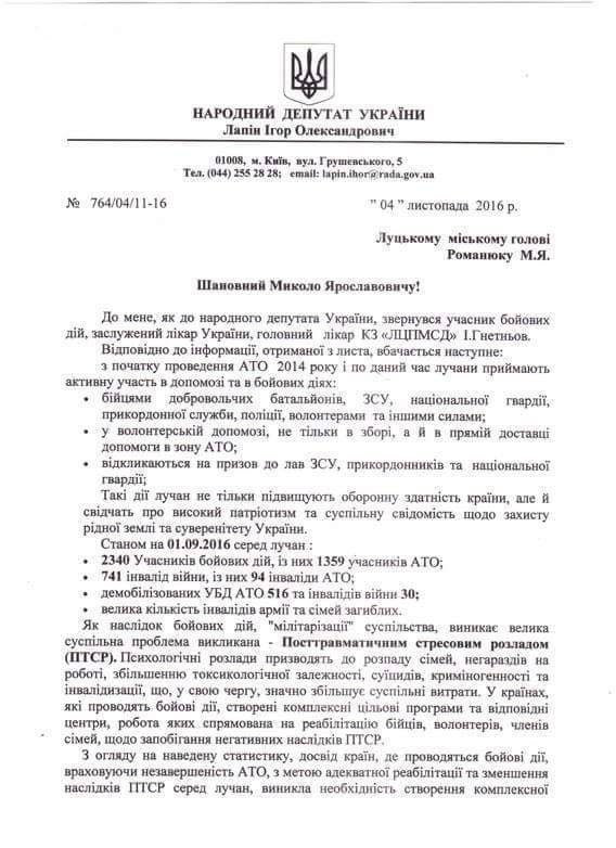 У Луцьку хочуть створити Центр психологічної реабілітації військових