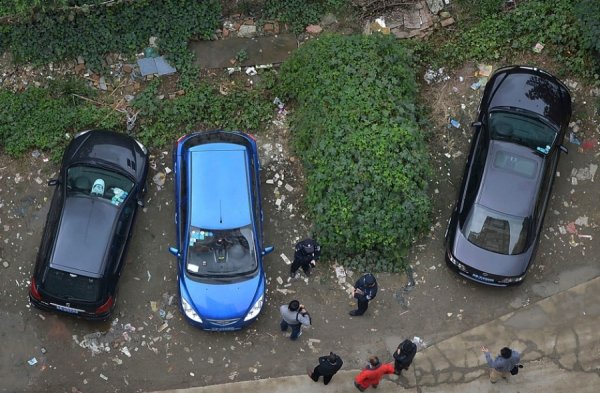 Поліція і свідки дивляться на авто, який заріс рослинами після того, як його покинули більше, ніж на рік в Ченду, провінція Сичуань, 17 жовтня 2013 року. WANG XIAO, Китай