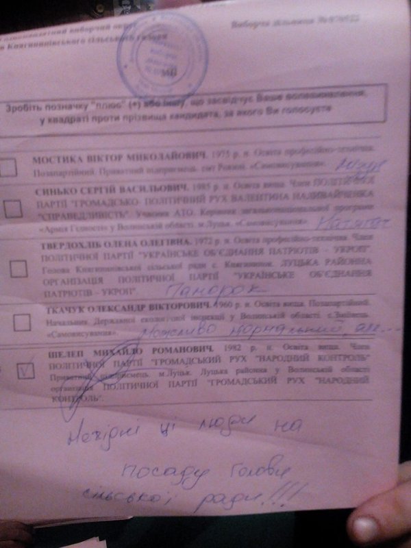 «Паморок», «натягач», «мазун»: на Волині виборець креативно зіпсував бюлетень