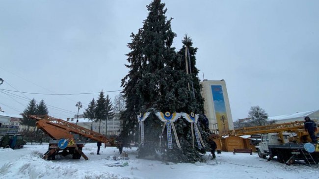 У Луцьку на Театральному майдані прикрашають головні ялинки міста. ФОТО