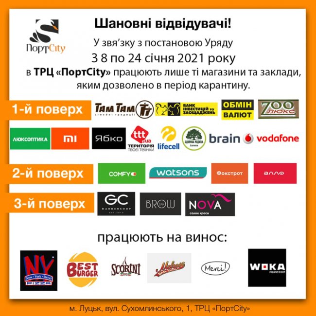 Які магазини і заклади відкриті у ТРЦ «ПортCity» у період локдауну*