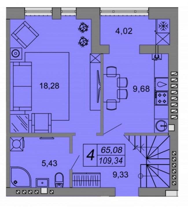 Планування першого поверху дворівневої квартири у «Юпітері» площею 109,34 м²