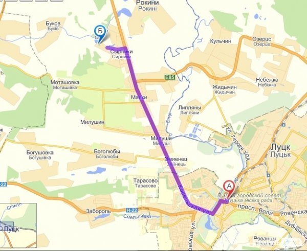 YandexMap стверджує, що від центру Луцька до ставка їхати машиною 15 хв, протяжність маршруту - 12 км