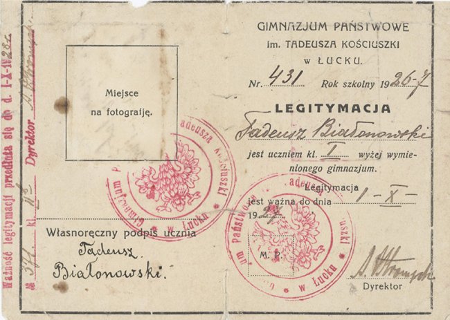 Учнівський квиток учня Державної гімназії імені Тадеуша Костюшка. 1926 р.